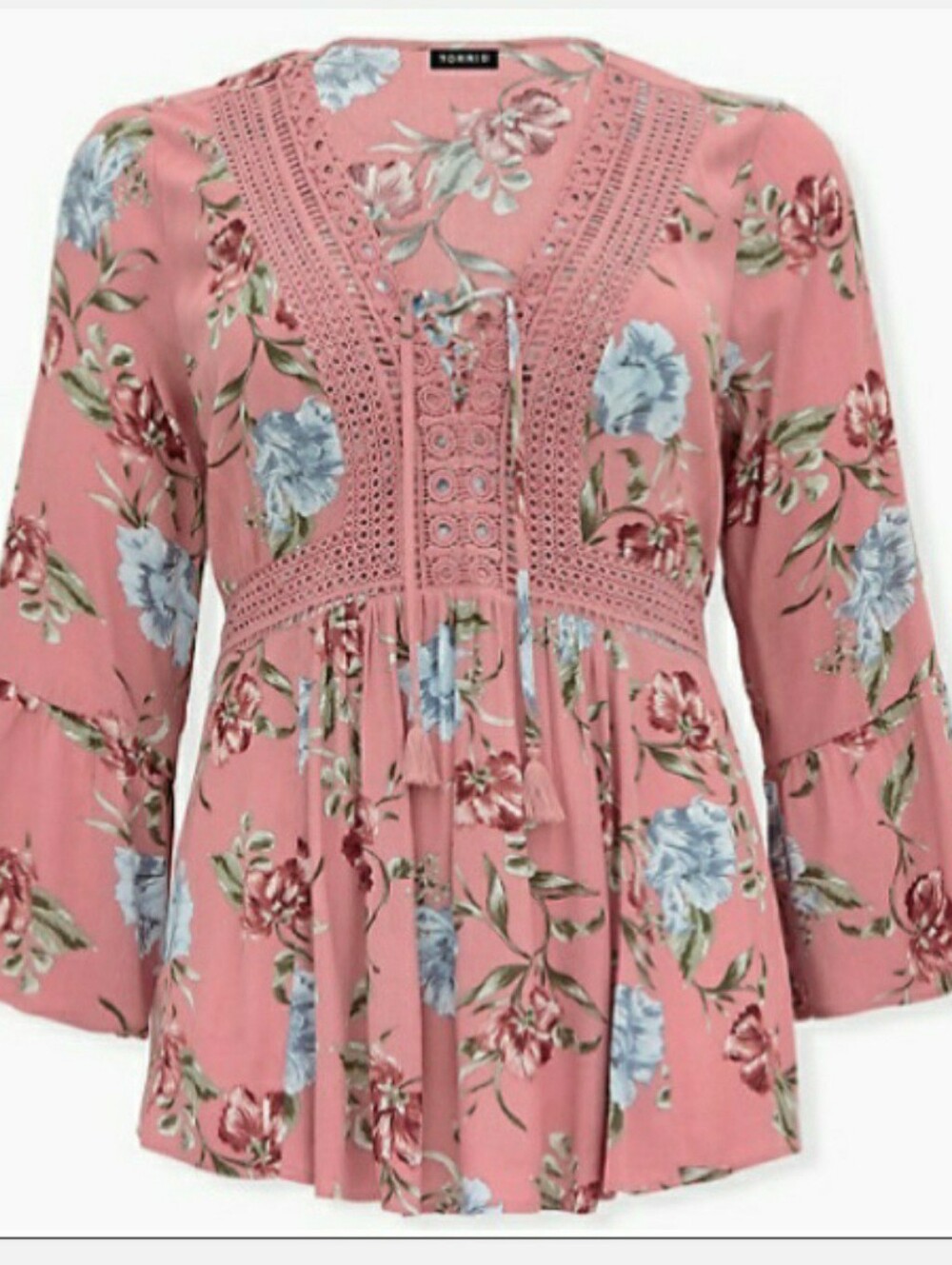 Torrid Pink Floral Babydoll Gauze Crochet Trim Lace Up Tie Top 3X NWT